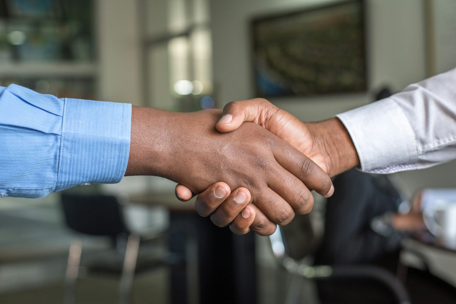 Two professionals clasping hands in agreement